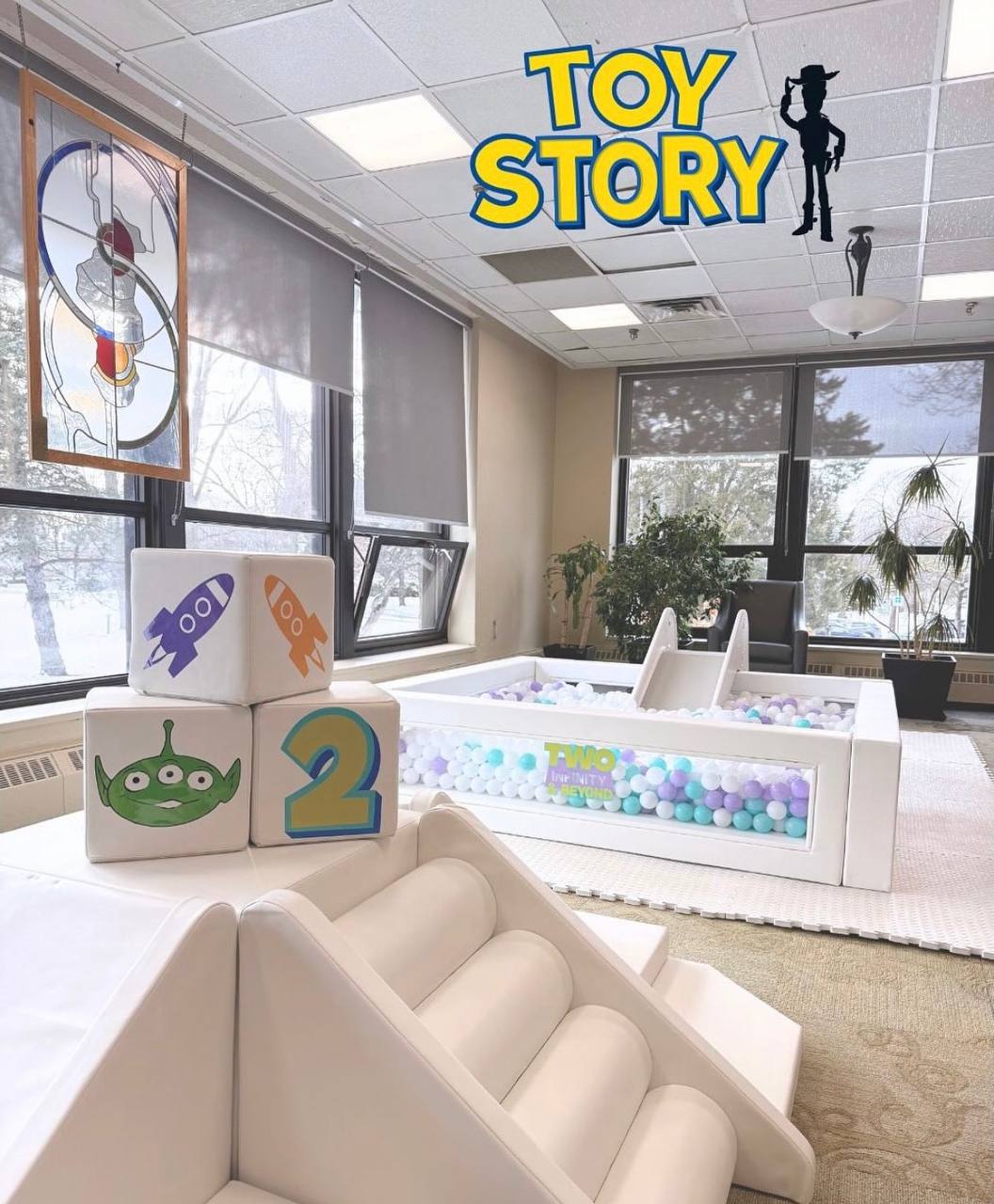 Toy Story themed soft play setup with vinyl blocks — Happi Hop Montreal